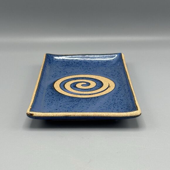 Art Studio Blue Rectanglar Tray Plate Spiral Glazed & Unglazed Vanity 8.5" L - Picture 5 of 6